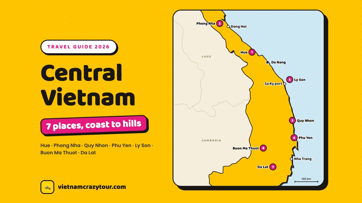 Illustrated map of central Vietnam with seven numbered destinations from Phong Nha to Da Lat