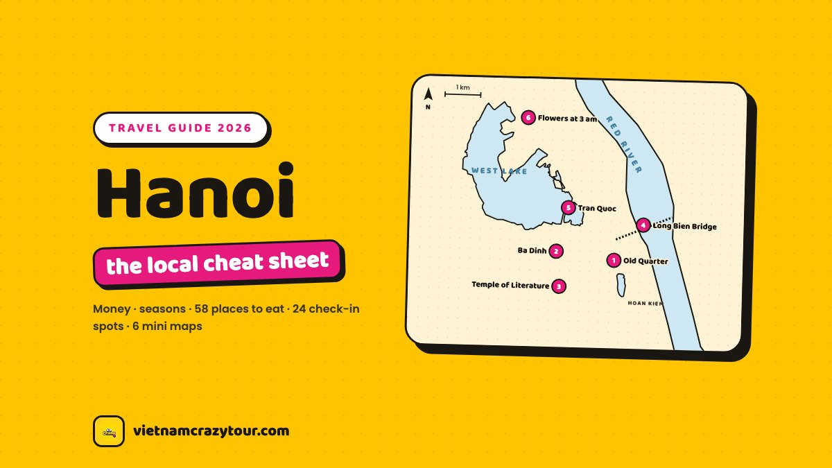 Illustrated map of central Hanoi with West Lake, the Old Quarter and the Red River