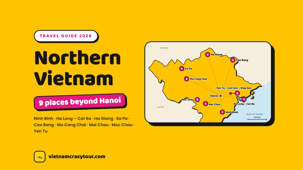 Illustrated map of northern Vietnam with nine numbered destinations around Hanoi