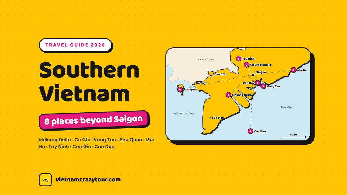 Illustrated map of southern Vietnam with eight numbered destinations around Saigon